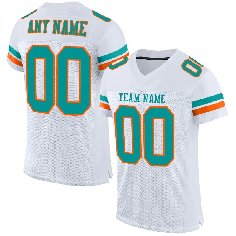 Football Jersey With Full Uniform Set-Custom White Aqua-Orange Mesh Authentic Football Jersey