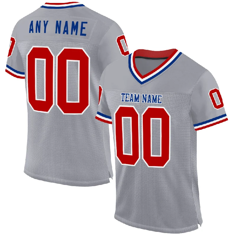 Football Jersey With Full Uniform Set-Custom Gray Red-Royal Mesh Authentic Throwback Football Jersey