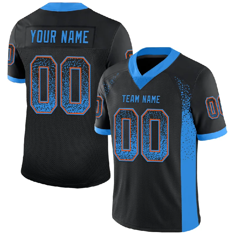 Football Jersey With Metallic Foil Details-Custom Black Powder Blue-Orange Mesh Drift Fashion Football Jersey