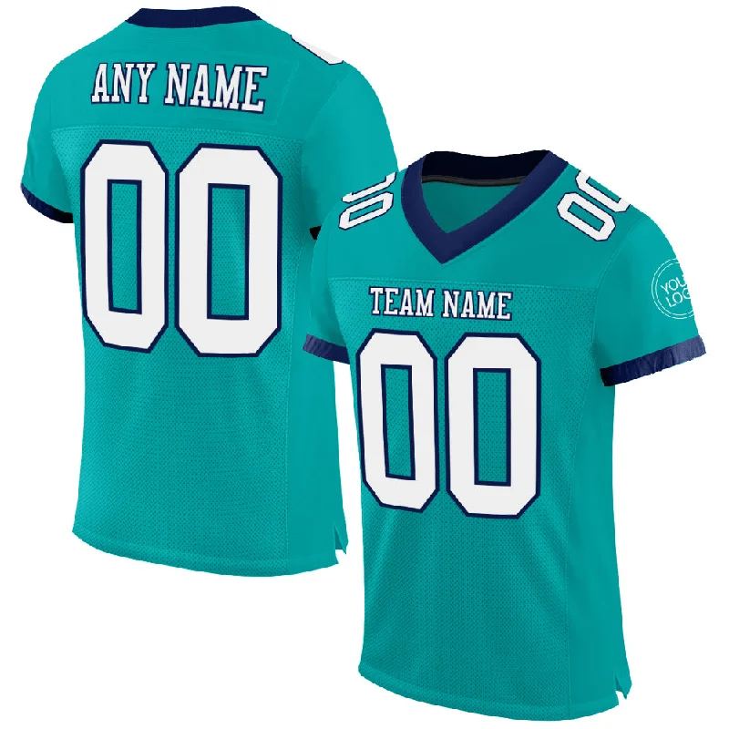 Football Jersey With Team Logo-Custom Aqua White-Navy Mesh Authentic Football Jersey