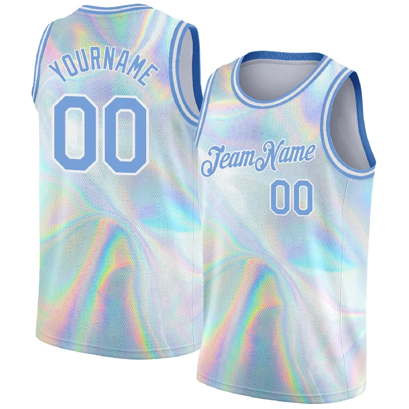 Basketball Jersey With Motivational Messages-Custom White Light Blue 3D Pattern Design Abstract Trendy Holographic Vaporwave Style Authentic Basketball Jersey