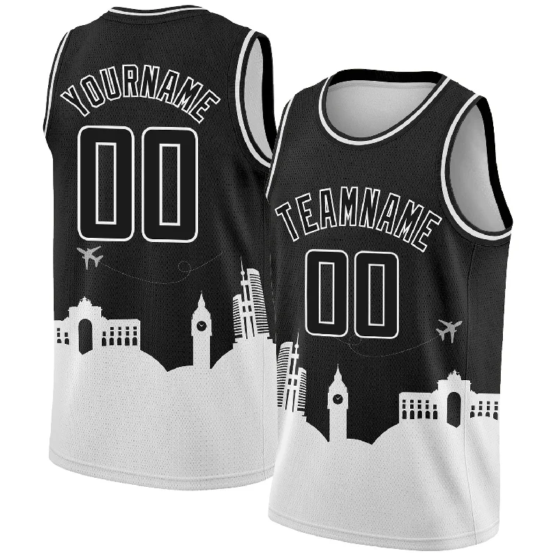 Basketball Jersey With Double Stitching-Custom Black White Holiday Travel Monuments Silhouette Authentic City Edition Basketball Jersey