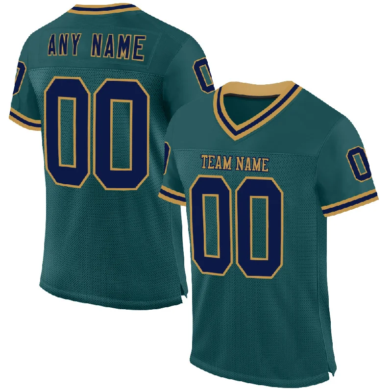 Football Jersey With Tribal Designs-Custom Midnight Green Navy-Old Gold Mesh Authentic Throwback Football Jersey