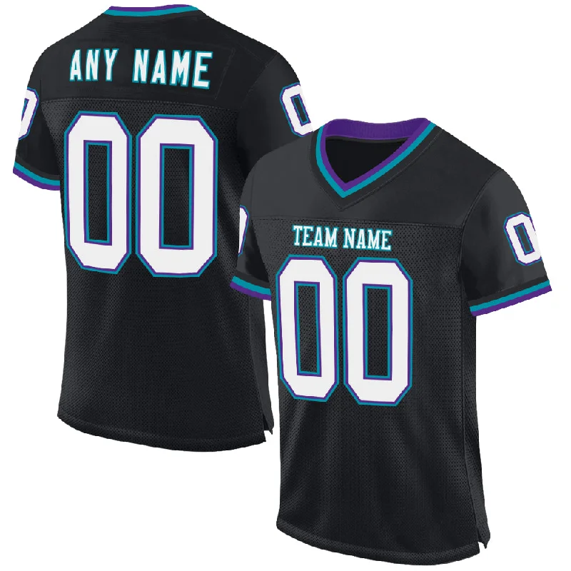 Football Jersey With Stitched Logos-Custom Black Purple-Teal Mesh Authentic Throwback Football Jersey