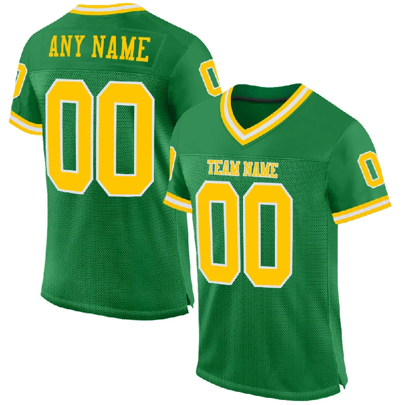 Football Jersey With Ventilated Side Panels-Custom Grass Green Gold-White Mesh Authentic Throwback Football Jersey