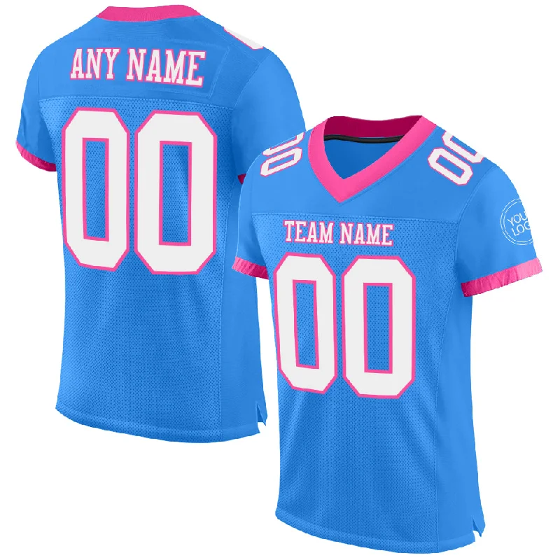 Football Jersey With Iconic Number-Custom Powder Blue White-Pink Mesh Authentic Football Jersey