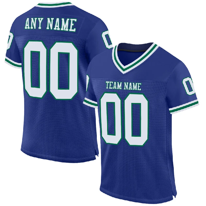 Football Jersey With Secure Zip Pocket-Custom Royal White-Kelly Green Mesh Authentic Throwback Football Jersey