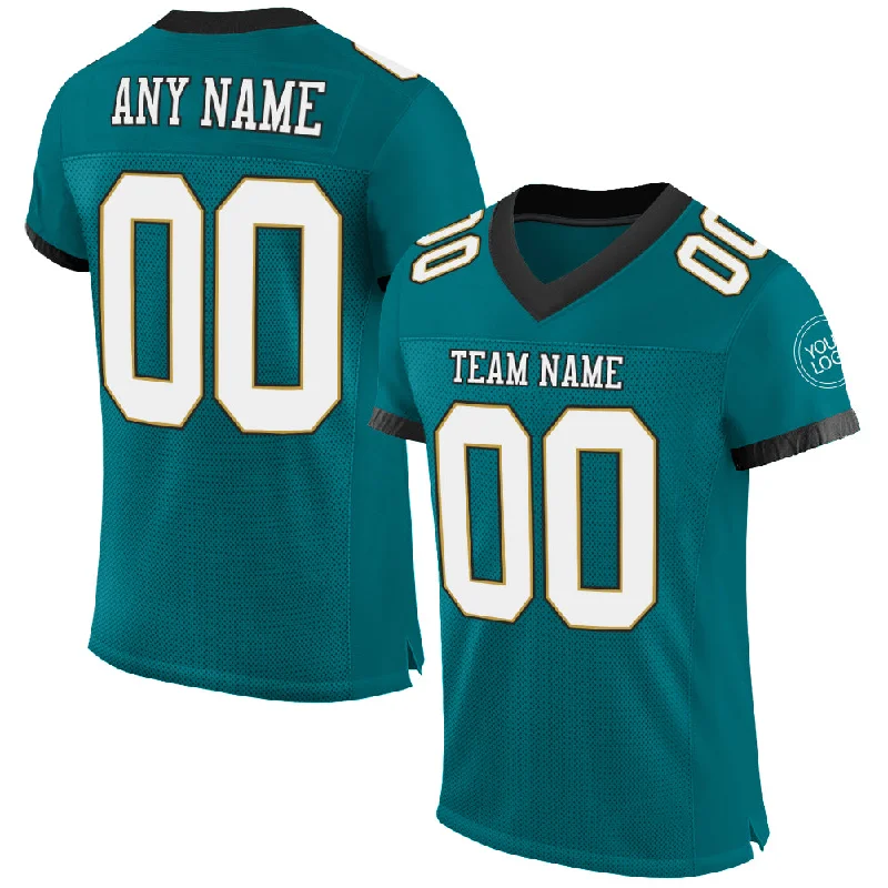 Football Jersey With Animal Print-Custom Teal White Old Gold-Black Mesh Authentic Football Jersey