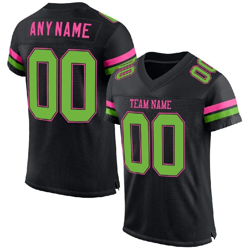 Football Jersey With Snap Button Closure-Custom Black Neon Green-Pink Mesh Authentic Football Jersey