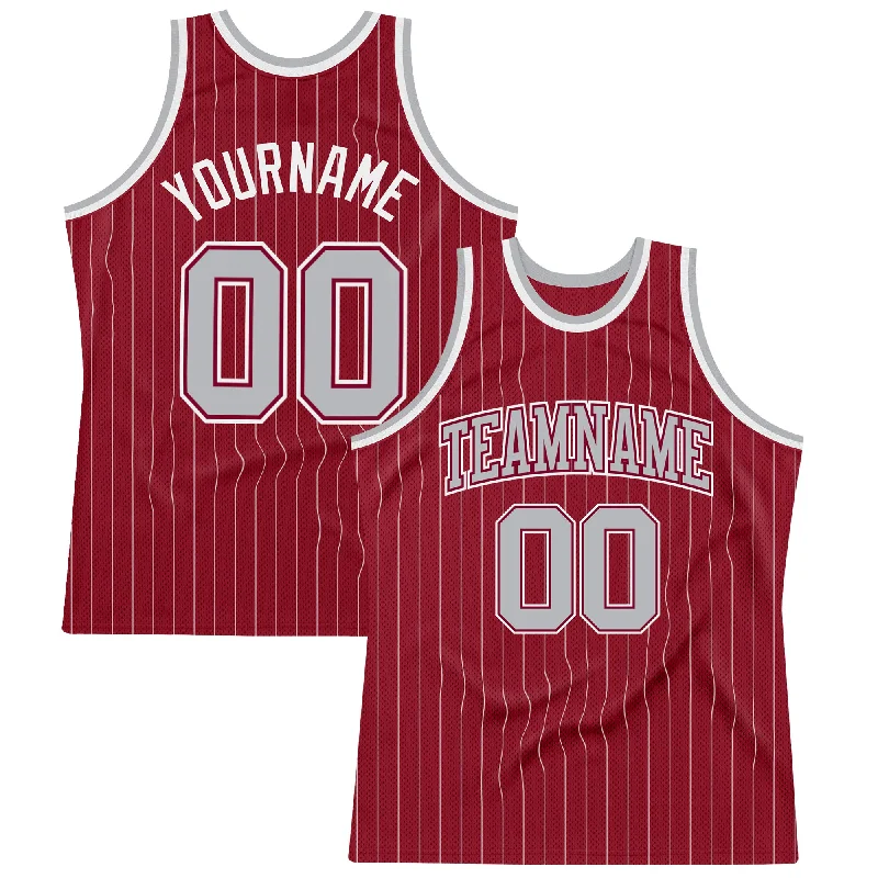 Basketball Jersey With Round Neck-Custom Maroon White Pinstripe Gray Authentic Basketball Jersey