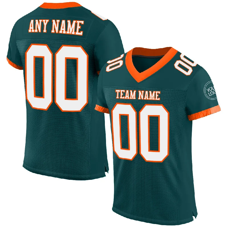 Football Jersey For Kids-Custom Midnight Green White-Orange Mesh Authentic Football Jersey