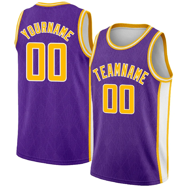 Basketball Jersey With Patches-Custom Purple Gold-White Geometric Shapes And Side Stripes Authentic City Edition Basketball Jersey