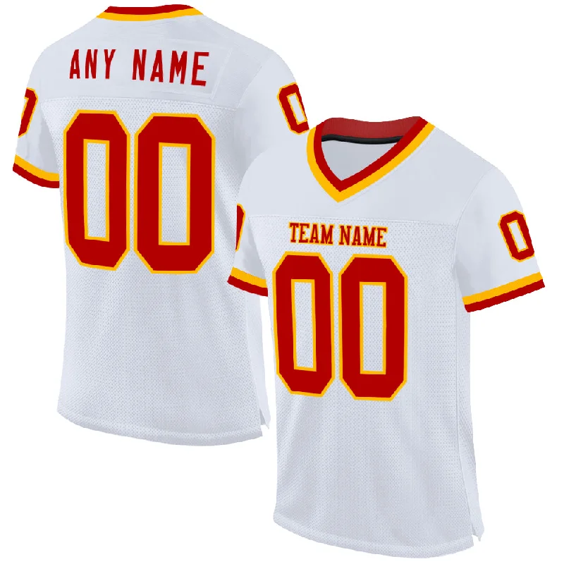 Football Jersey With Oversized Fit-Custom White Red-Gold Mesh Authentic Throwback Football Jersey