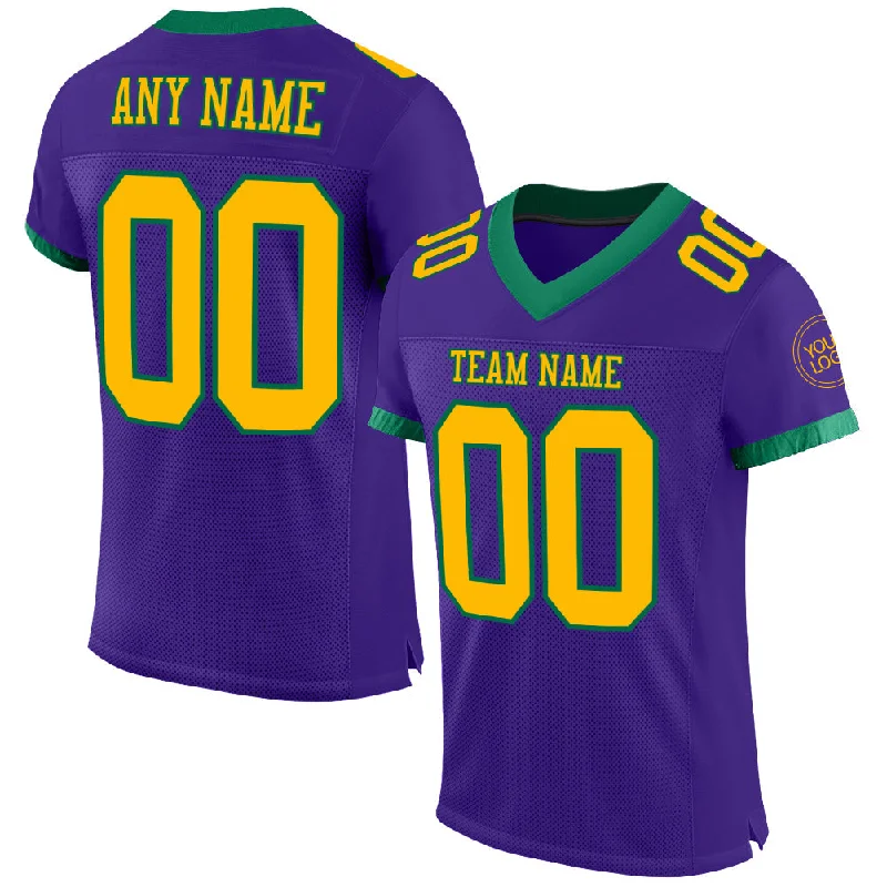 Football Jersey With Player Tribute-Custom Purple Gold-Kelly Green Mesh Authentic Football Jersey