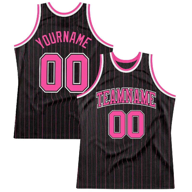 Basketball Jersey With Puffy Print-Custom Black Pink Pinstripe Pink-Black Authentic Basketball Jersey