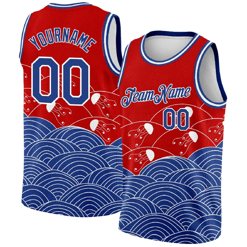 Basketball Jersey With Slim Fit-Custom Red Royal-White 3D Pattern Design Jellyfish Authentic Basketball Jersey