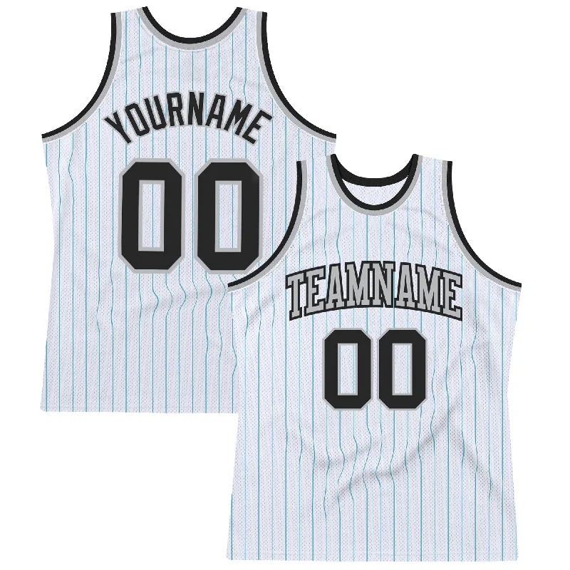 Basketball Jersey With Sweat Absorption Tech-Custom White Teal Pinstripe Black-Gray Authentic Basketball Jersey