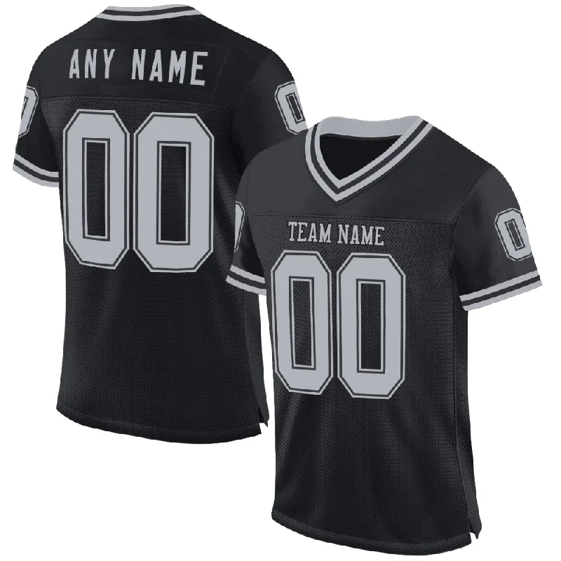 Football Jersey With Zip Closure-Custom Black Gray Mesh Authentic Throwback Football Jersey