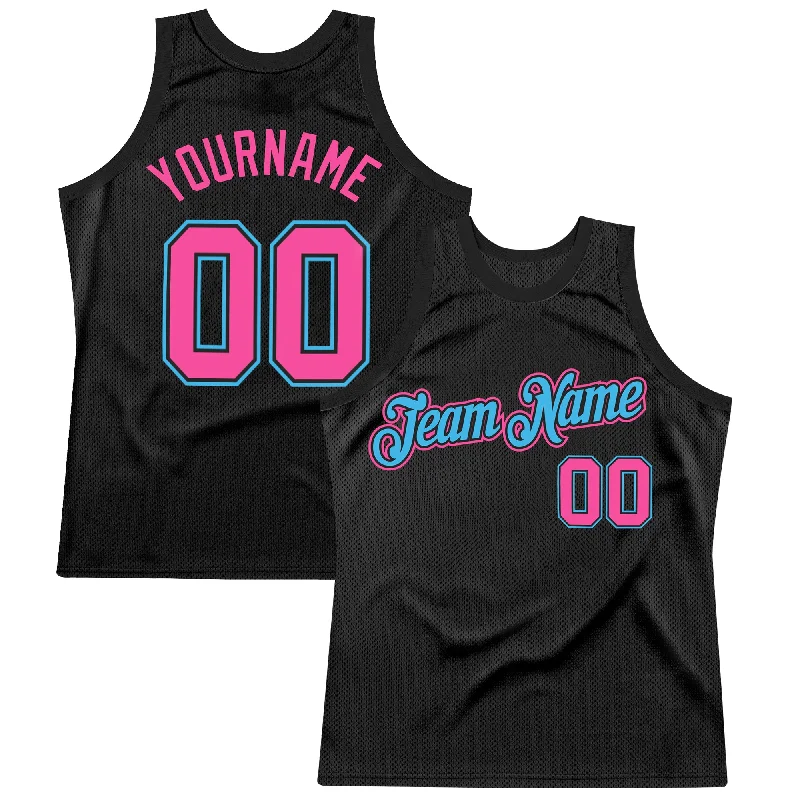 Basketball Jersey With Satin Finish-Custom Black Pink-Sky Blue Authentic Throwback Basketball Jersey