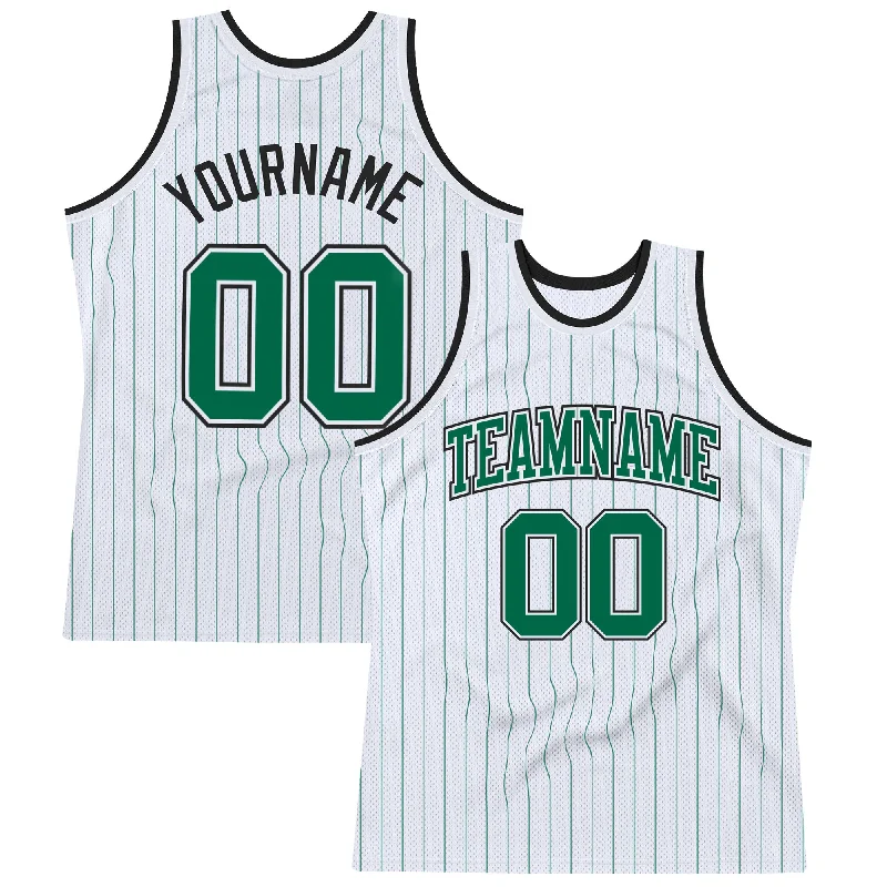 Basketball Jersey With Round Neck-Custom White Kelly Green Pinstripe Kelly Green-Black Authentic Basketball Jersey