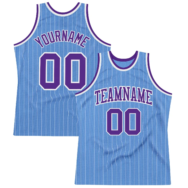 Basketball Jersey With Tournament Logo-Custom Light Blue White Pinstripe Purple Authentic Basketball Jersey