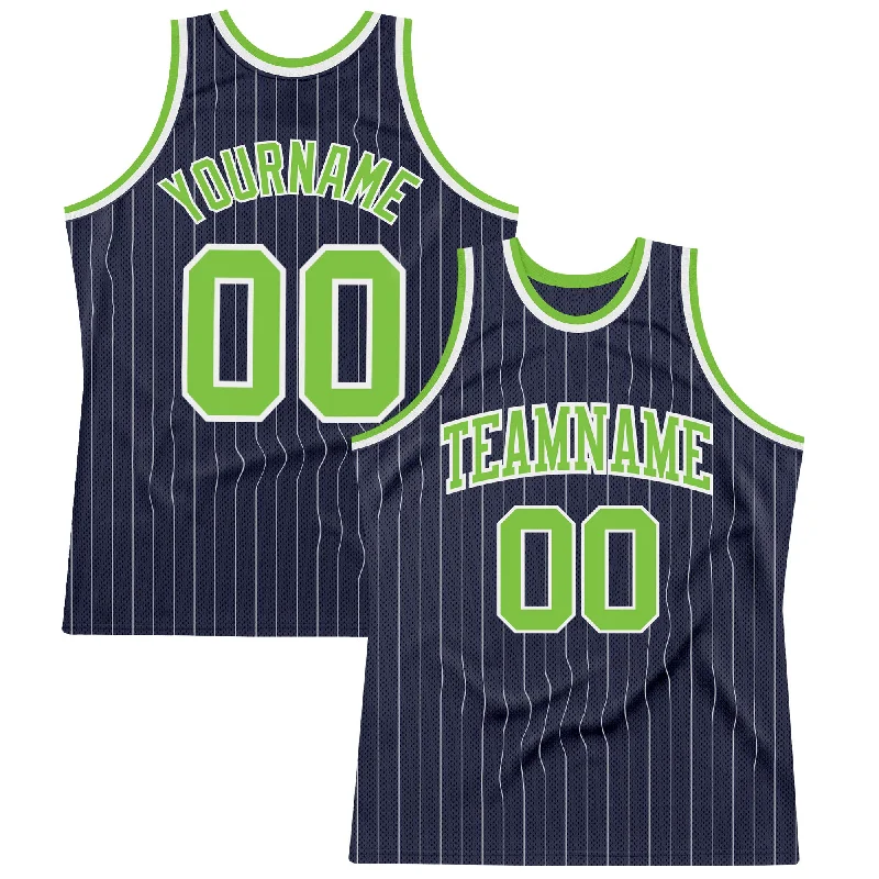 Basketball Jersey For Shooting Guards-Custom Navy White Pinstripe Neon Green Authentic Basketball Jersey