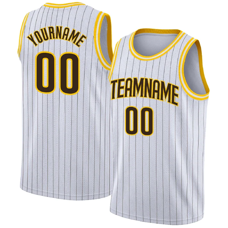 Basketball Jersey With Round Neck-Custom White Brown Pinstripe Brown-Gold Authentic Basketball Jersey