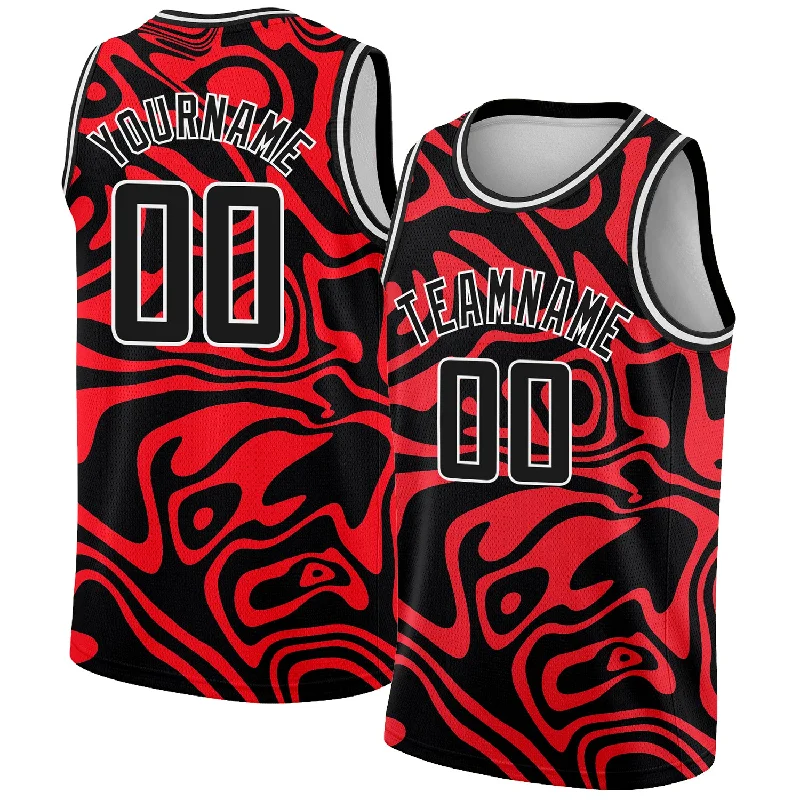 Basketball Jersey For Indoor Courts-Custom Red Black-White 3D Pattern Design Abstract Psychedelic Liquid Wave Authentic Basketball Jersey