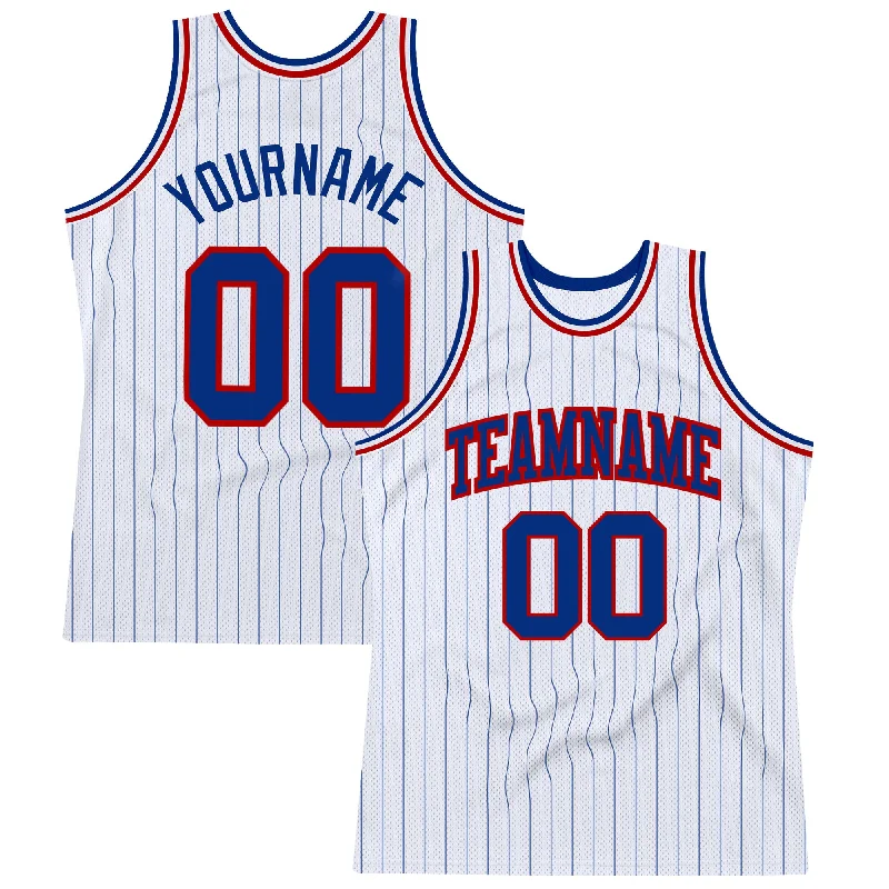 Basketball Jersey With Extra Ventilation-Custom White Royal Pinstripe Royal-Red Authentic Basketball Jersey