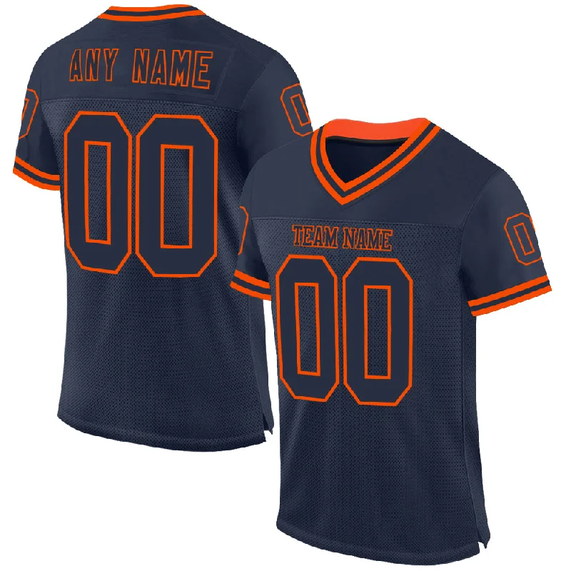 Football Jersey For Defensive Linemen-Custom Navy Orange Mesh Authentic Throwback Football Jersey