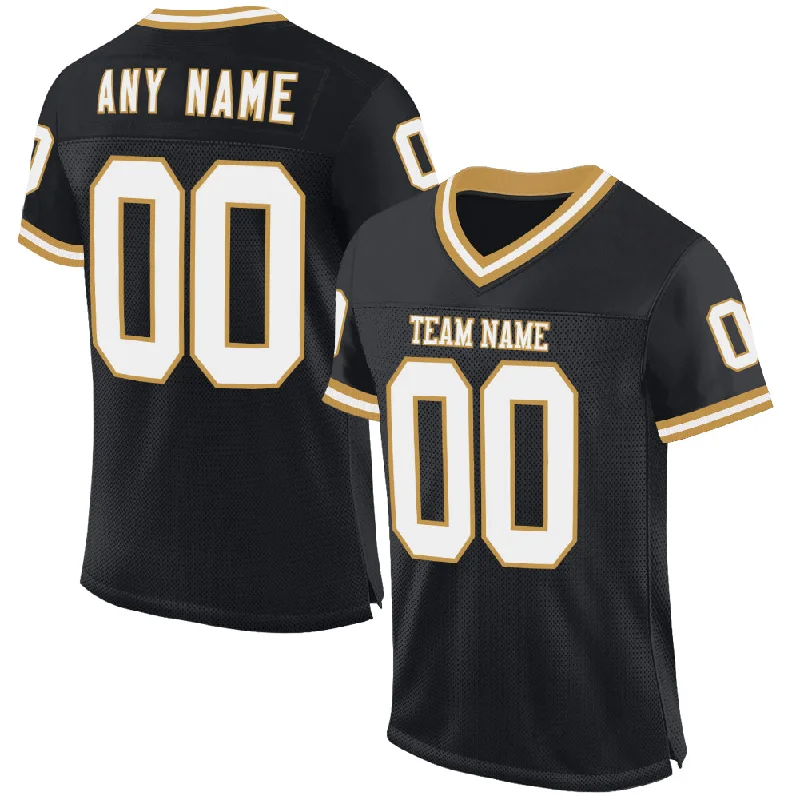 Football Jersey With High Durability-Custom Black White-Old Gold Mesh Authentic Throwback Football Jersey