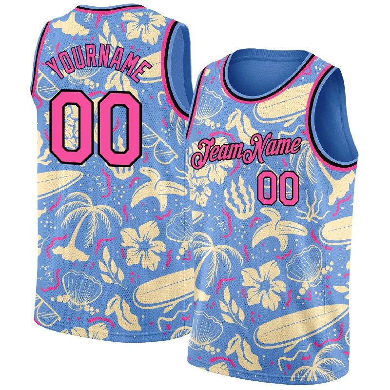 Basketball Jersey With All-Star Game Edition-Custom Light Blue Pink-Black 3D Pattern Tropical Hawaii Trees Authentic Basketball Jersey