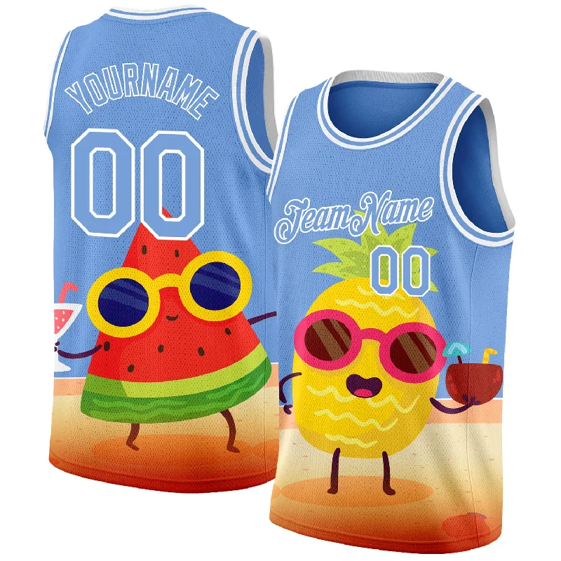 Basketball Jersey With Comic Book Graphics-Custom Light Blue White 3D Pattern Summer Beach Holiday Authentic Basketball Jersey