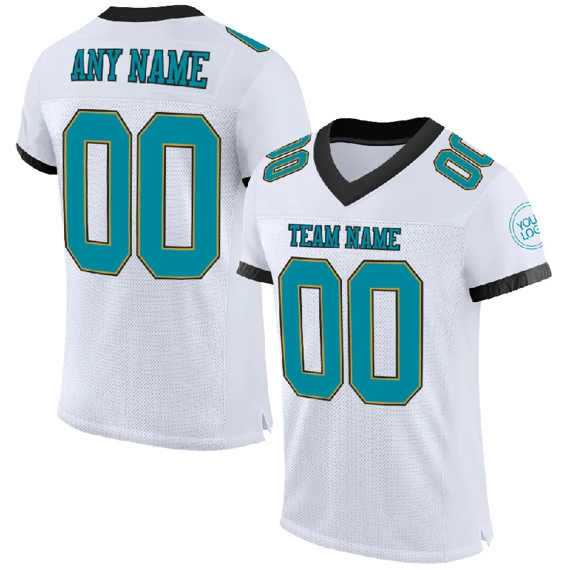 Football Jersey With Smart Fabric Technology-Custom White Teal Old Gold-Black Mesh Authentic Football Jersey