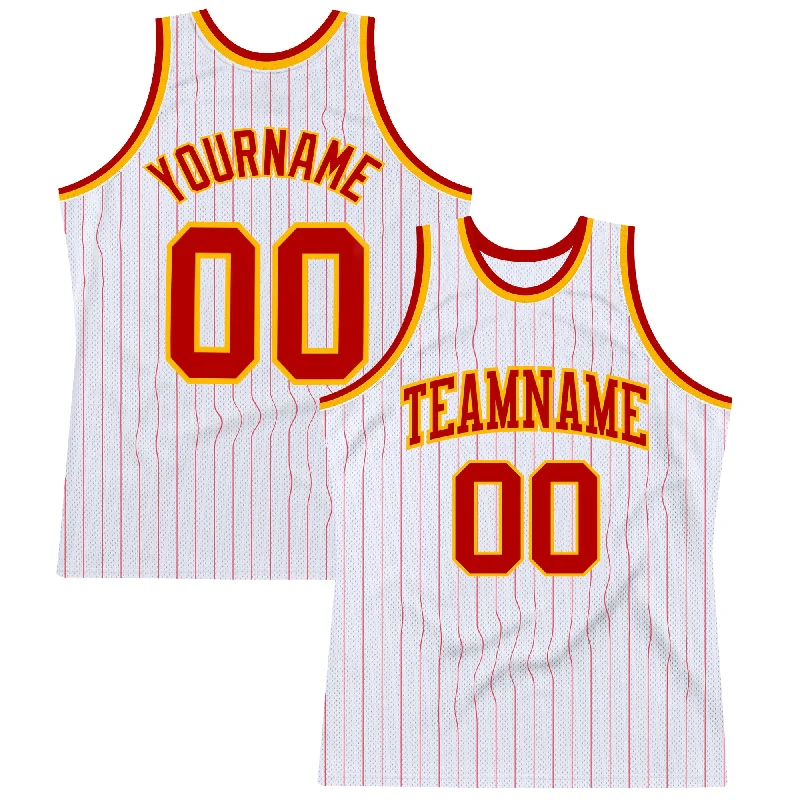 Basketball Jersey With Stretchable Fabric-Custom White Red Pinstripe Red-Gold Authentic Basketball Jersey