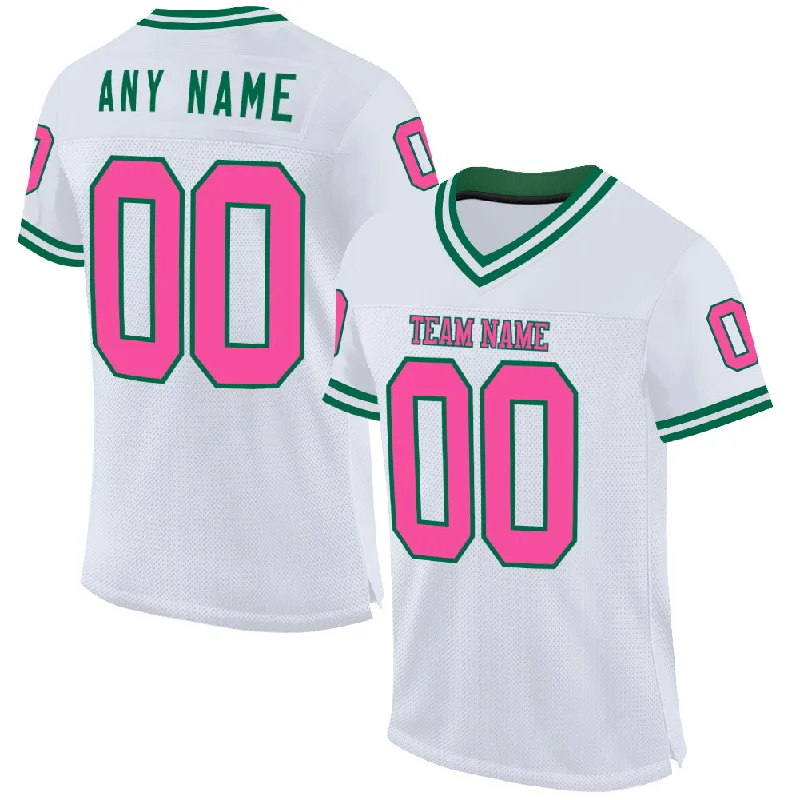 Football Jersey For Winter Training-Custom White Pink-Kelly Green Mesh Authentic Throwback Football Jersey