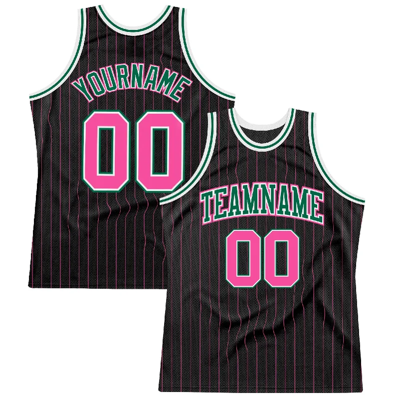 Basketball Jersey With Bold Lettering-Custom Black Pink Pinstripe Pink-Kelly Green Authentic Basketball Jersey