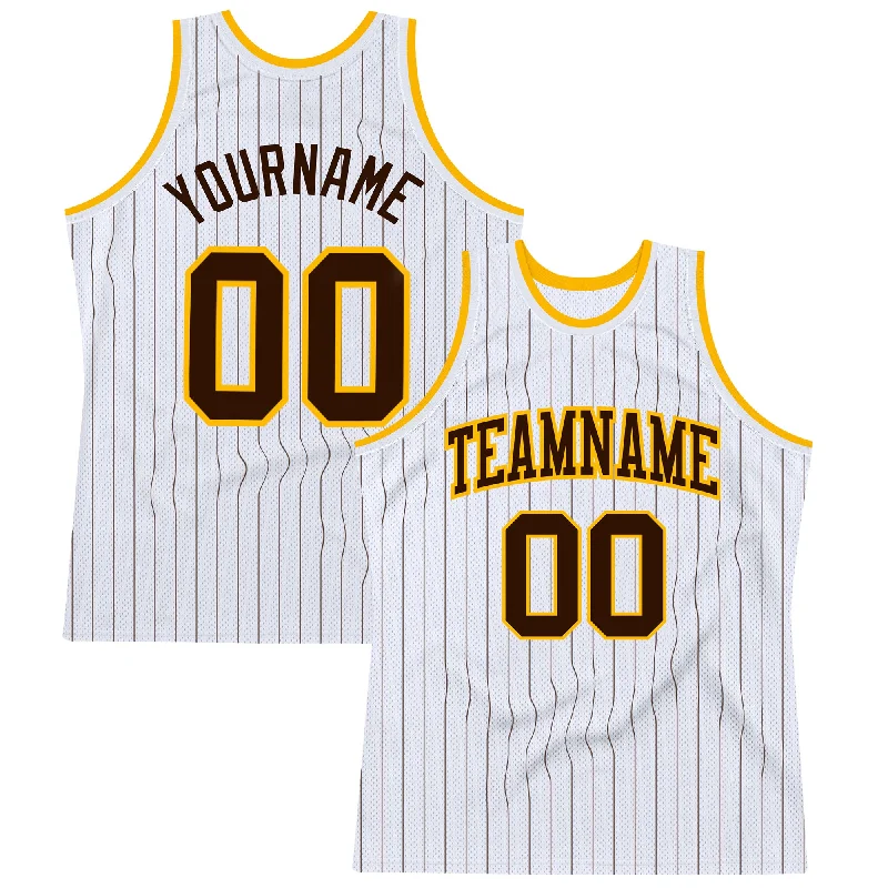 Basketball Jersey For Men-Custom White Brown Pinstripe Brown-Gold Authentic Basketball Jersey