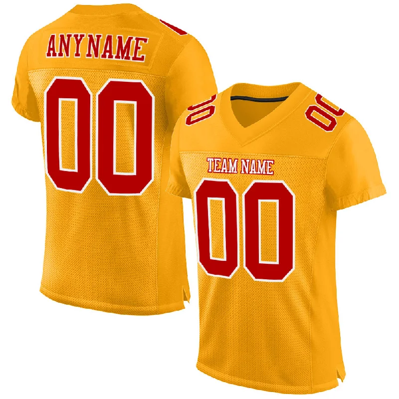 Football Jersey With Bold Graphic Print-Custom Gold Red-White Mesh Authentic Football Jersey