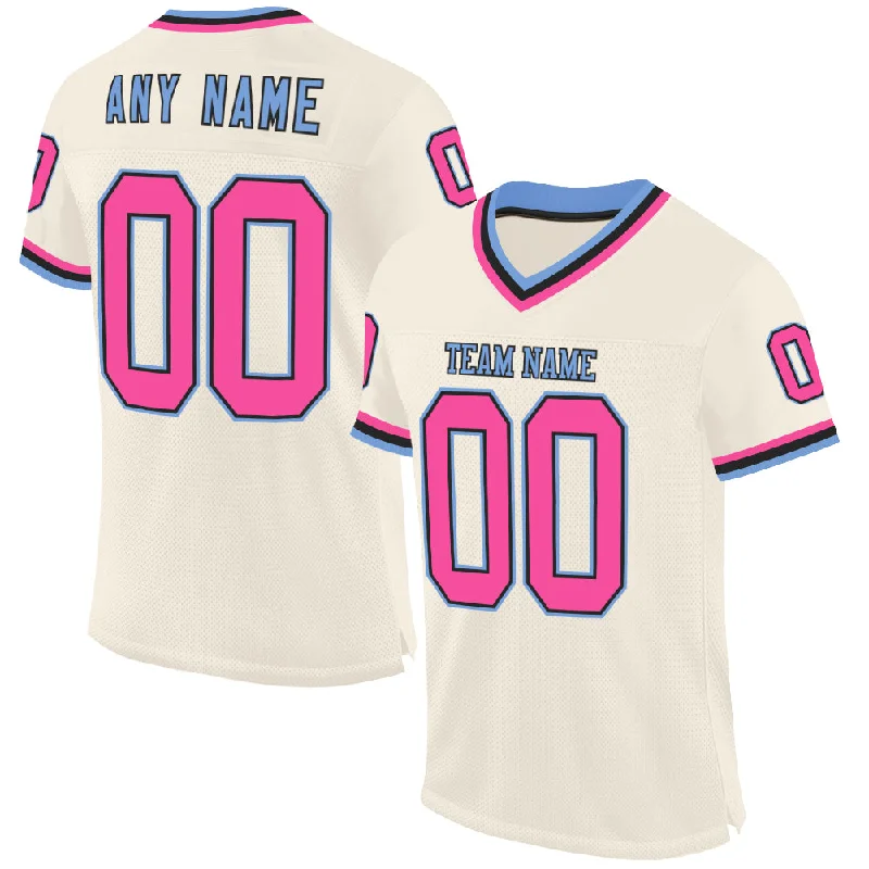 Football Jersey With Sustainable Fabric-Custom Cream Pink Black-Light Blue Mesh Authentic Throwback Football Jersey