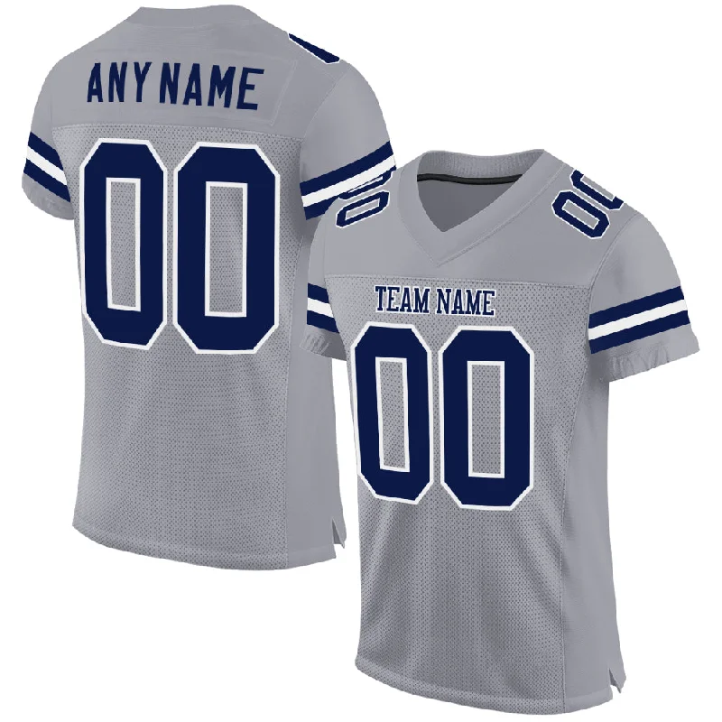 Football Jersey With Side Slits-Custom Light Gray Navy-White Mesh Authentic Football Jersey