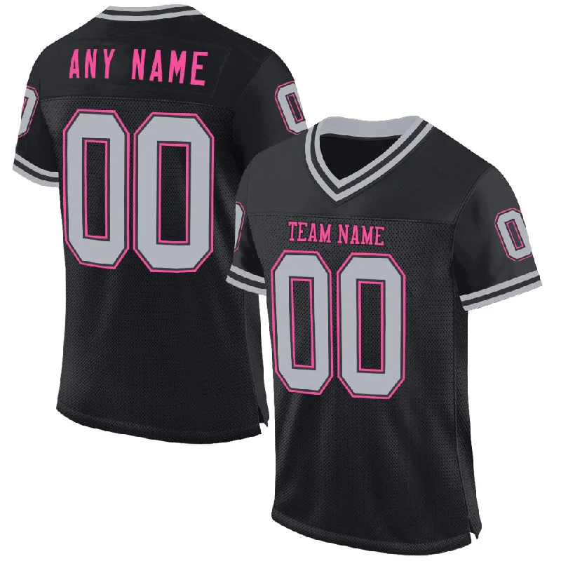 Football Jersey With Stripes-Custom Black Gray-Pink Mesh Authentic Throwback Football Jersey