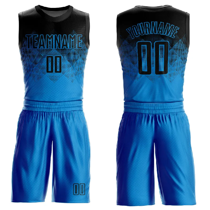 Basketball Jersey With High-End Materials-Custom Blue Black Round Neck Sublimation Basketball Suit Jersey