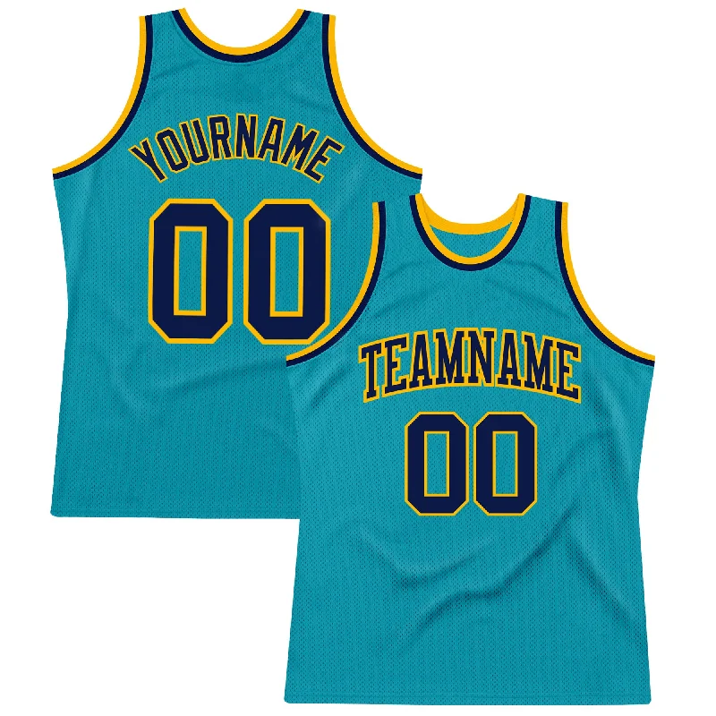 Basketball Jersey With Classic Pinstripes-Custom Teal Navy-Gold Authentic Throwback Basketball Jersey