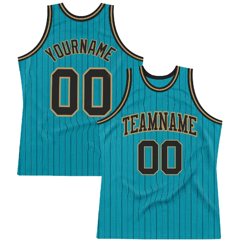 Basketball Jersey With High School Team Logos-Custom Teal Black Pinstripe Black-Old Gold Authentic Basketball Jersey