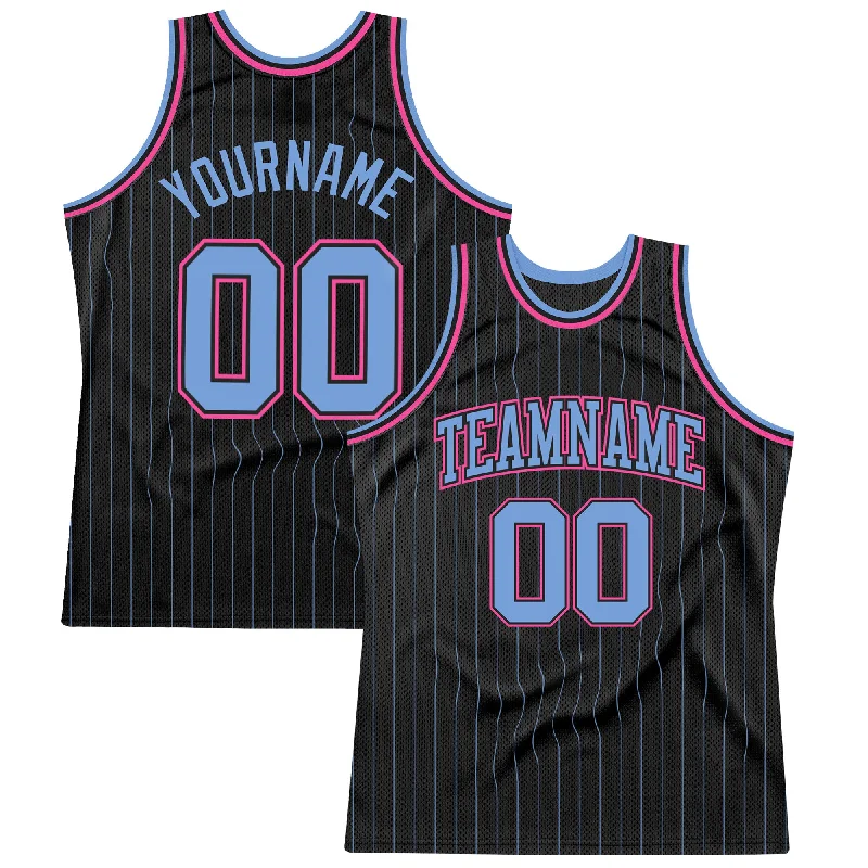 Basketball Jersey With Oversized Fit-Custom Black Light Blue Pinstripe Light Blue-Pink Authentic Basketball Jersey