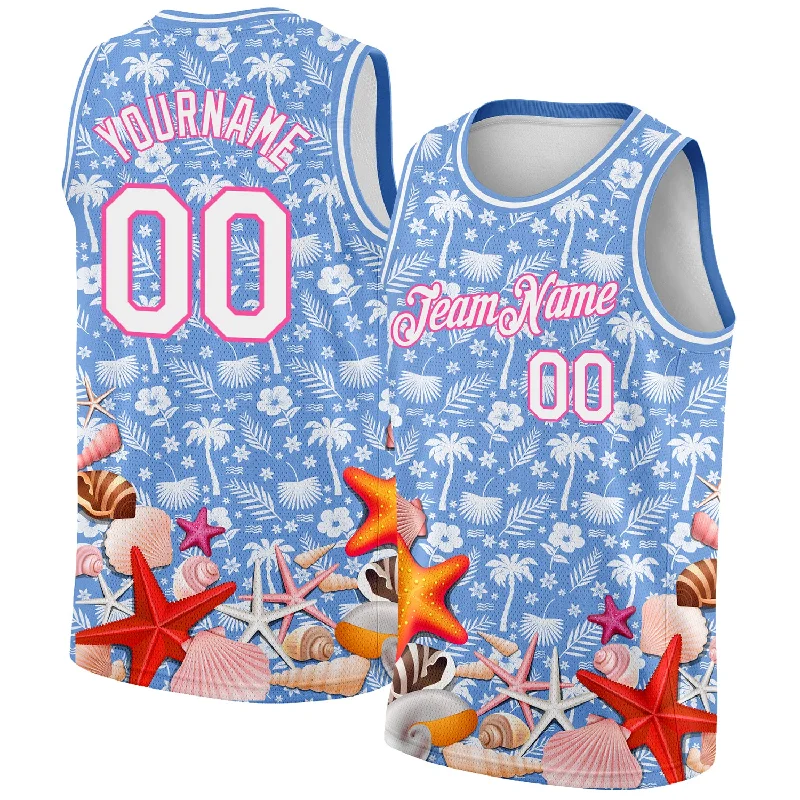 Basketball Jersey With Quick-Dry Material-Custom Light Blue White-Pink 3D Pattern Hawaii Palm Trees And Starfishes Authentic Basketball Jersey