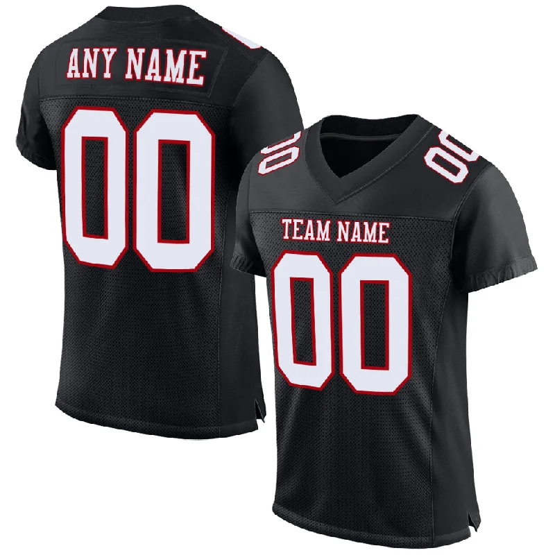 Football Jersey With Side Zippers-Custom Black White-Red Mesh Authentic Football Jersey