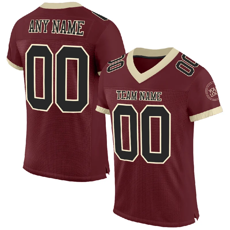 Football Jersey With Side Zippers-Custom Burgundy Black-Cream Mesh Authentic Football Jersey