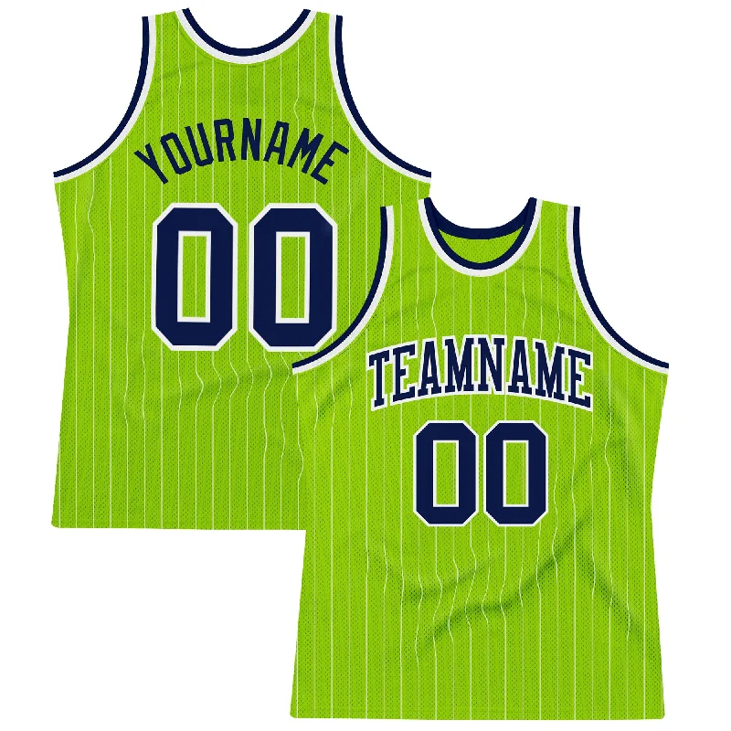 Basketball Jersey With Comic Book Graphics-Custom Neon Green White Pinstripe Navy-White Authentic Basketball Jersey